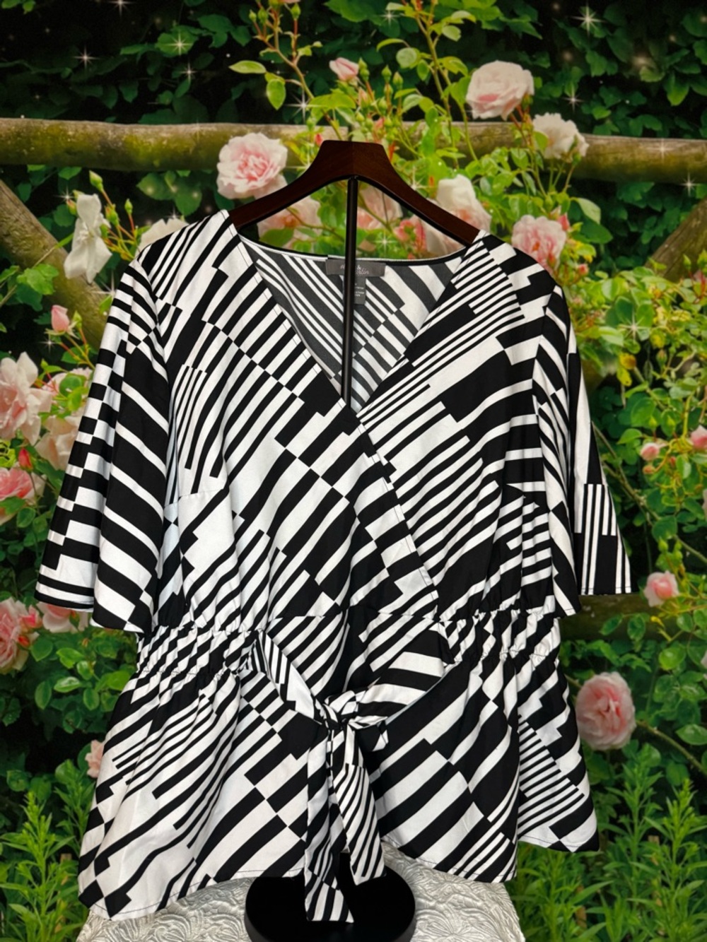 Black & White Geometric Wrap Blouse